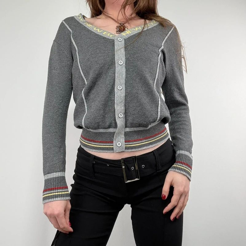grey cropped knit pinstripe cardigan