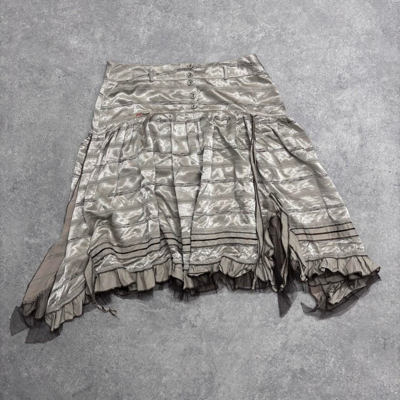 pinstripe ruffle satin midi skirt