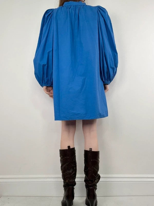 Blue cotton button puff midi shirt dress