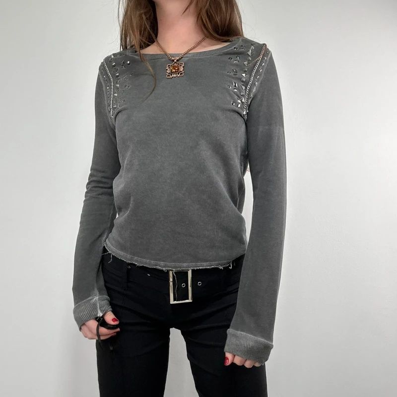 distressed cotton studded cropped sweatshirt