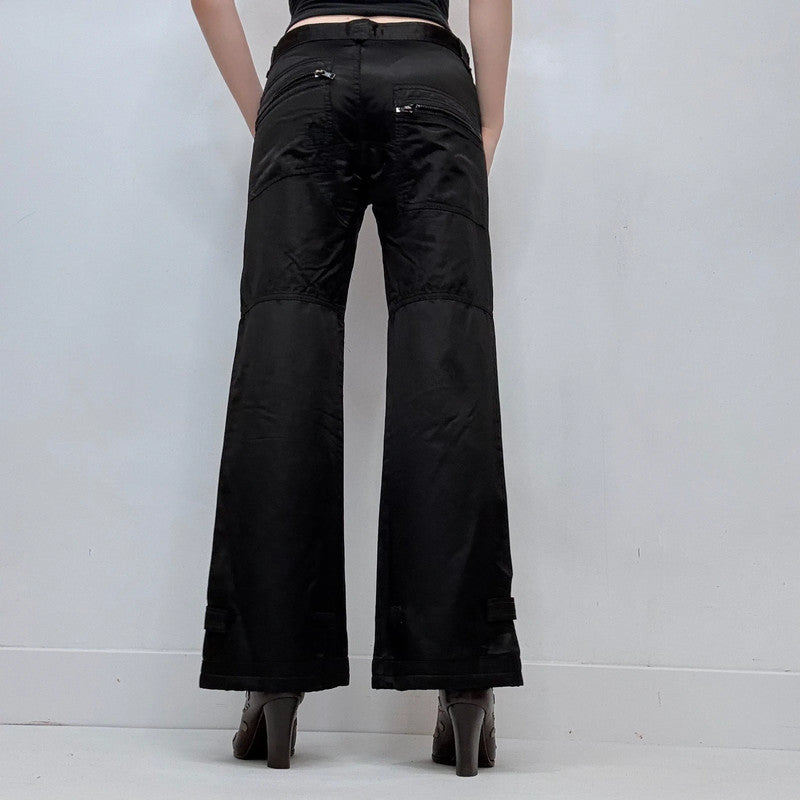 black wide leg flared low rise black satin jeans