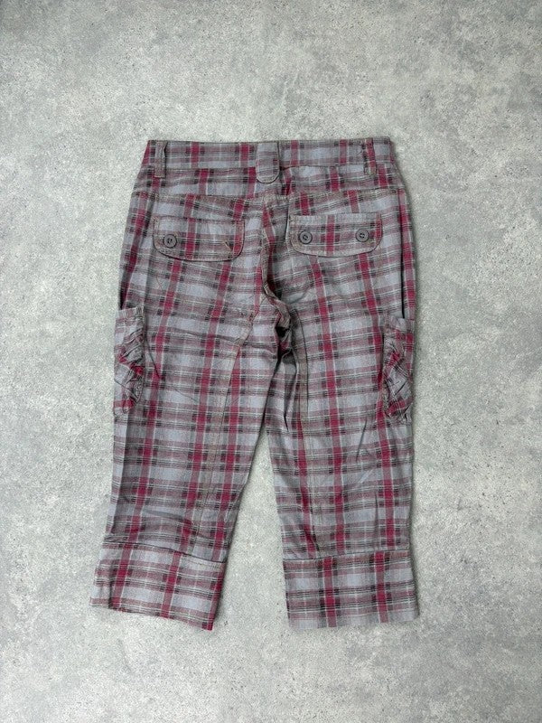 tartan checked red cargo denim capri pants