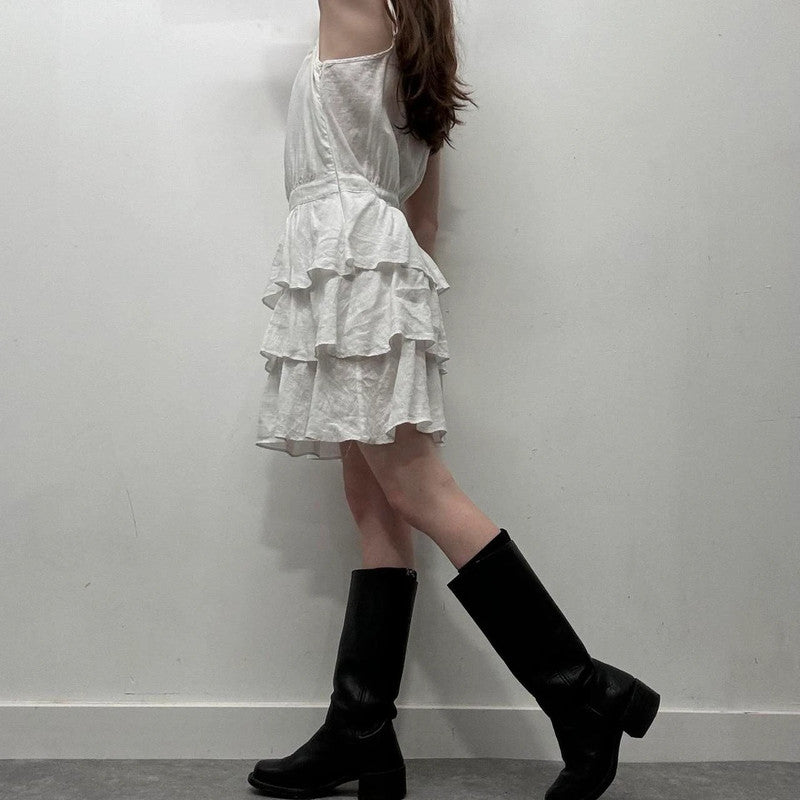white linen ruffle dress