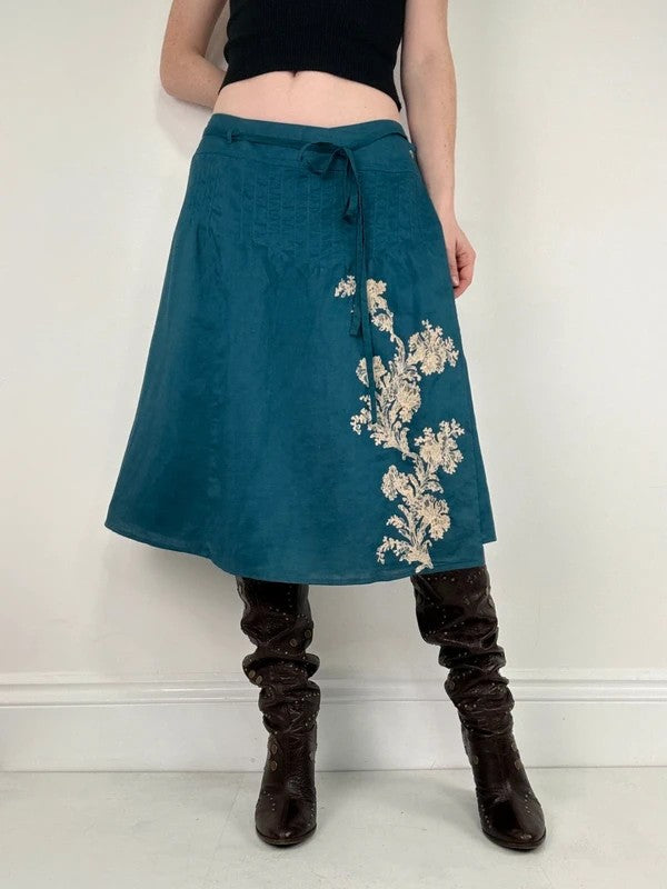 blue linen embroidered wrap lace midi skirt