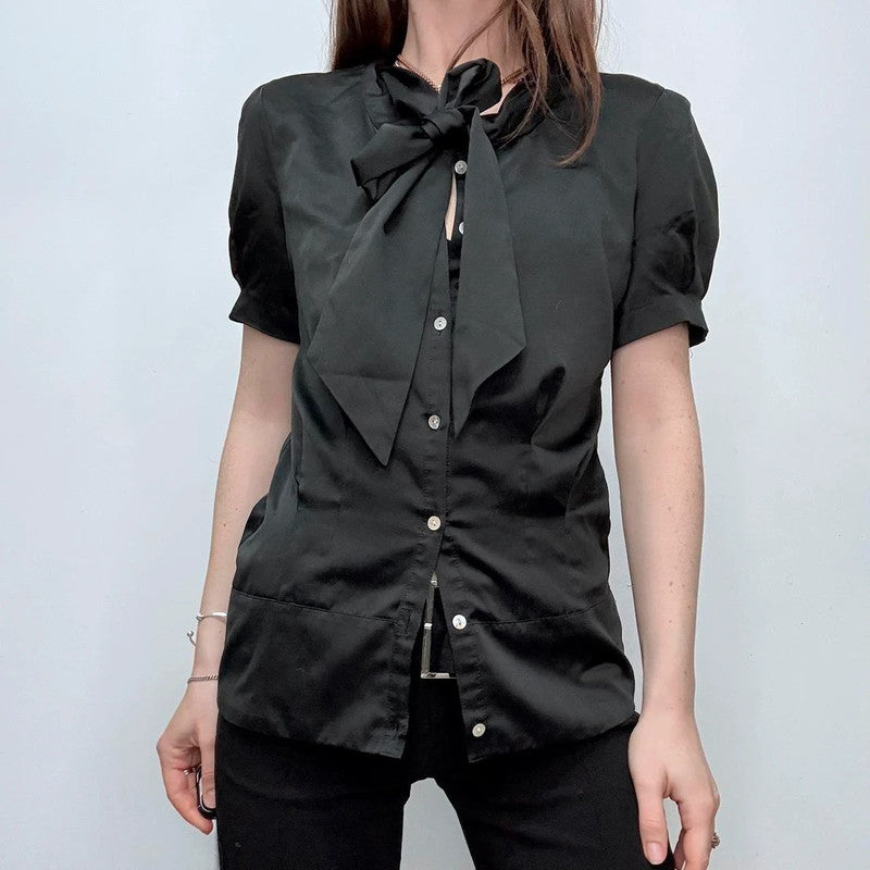 black satin fitted bow shirt