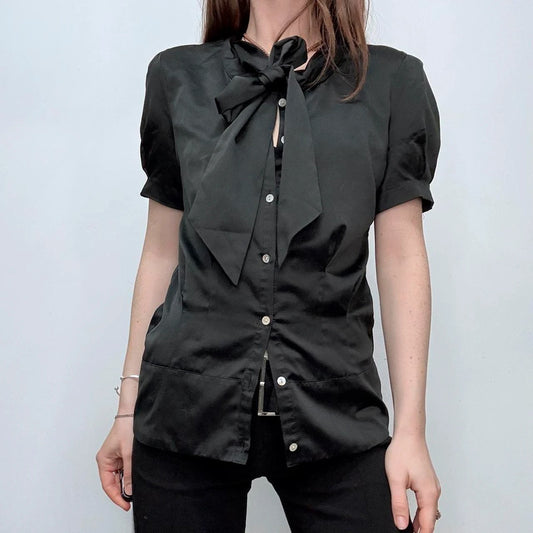black satin fitted bow shirt