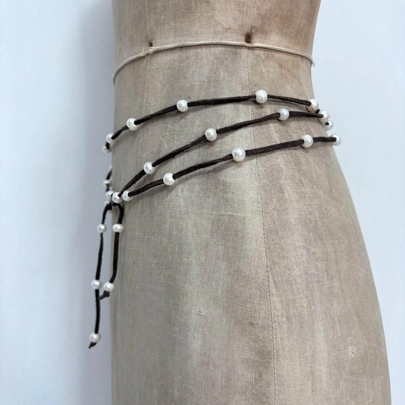 brown suede pearl wrap waist beads
