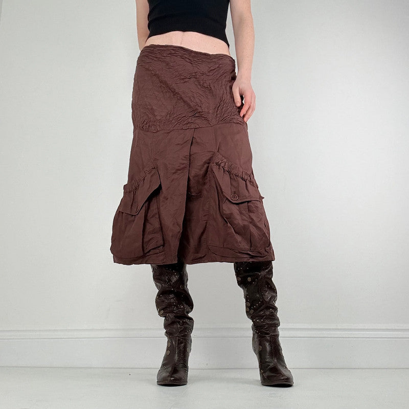 brown crinkle pleated puff skirt