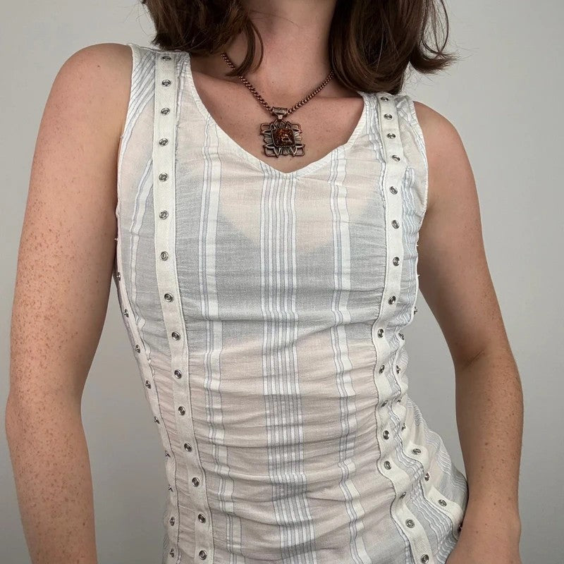 white cotton textured pinstripe popper vest top
