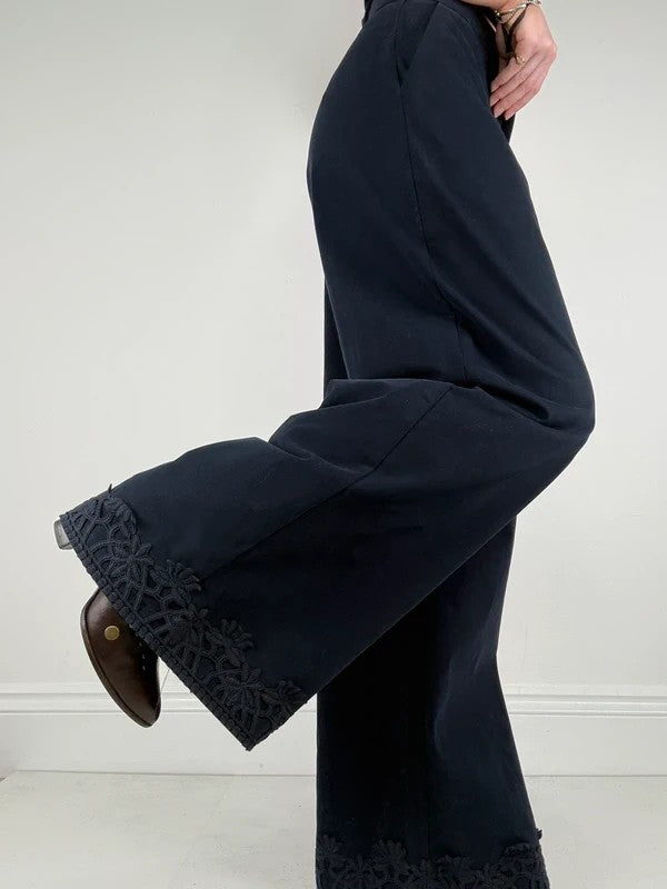 navy ultra wide leg lace hem trousers