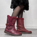 red leather chunky buckle boots