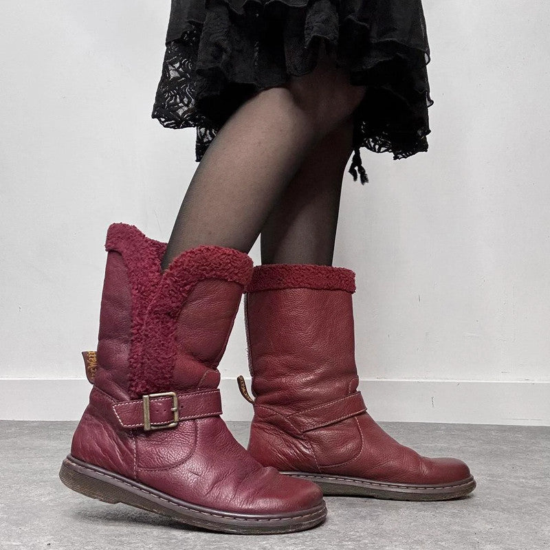 red leather chunky buckle boots