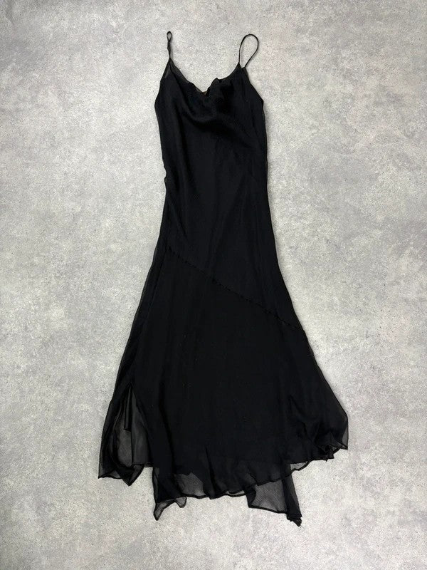 black silk bias cut layered flutter dress