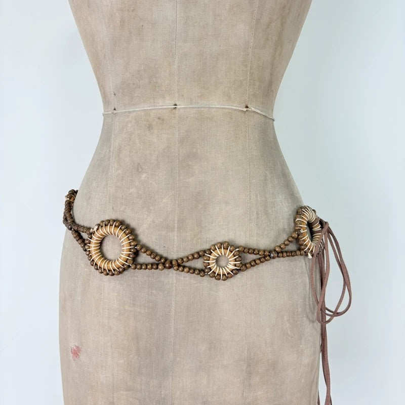 Woven beaded tie up waist belt