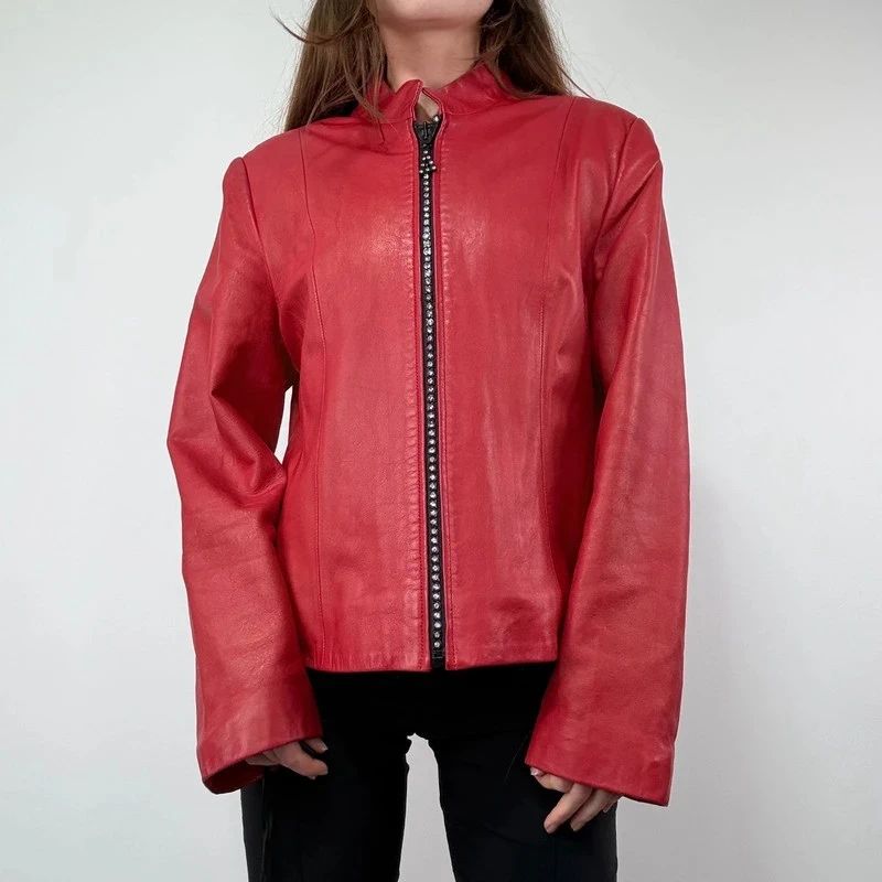 Red Studded Leather zip Jacket