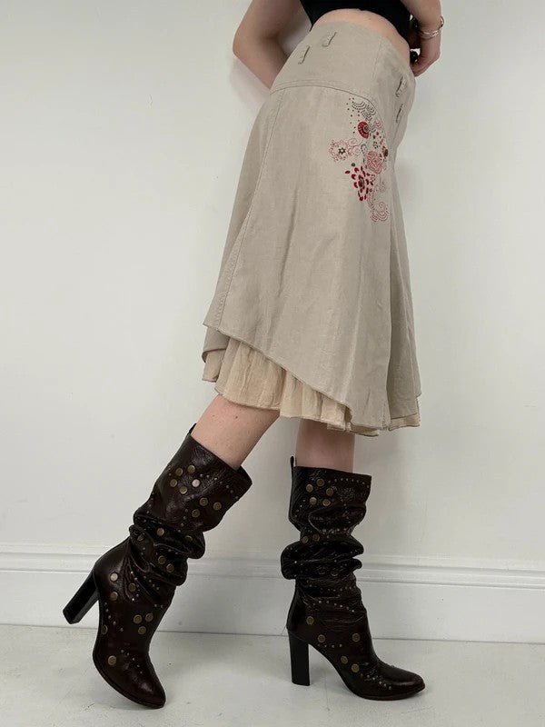 beige linen flared layered midi skirt