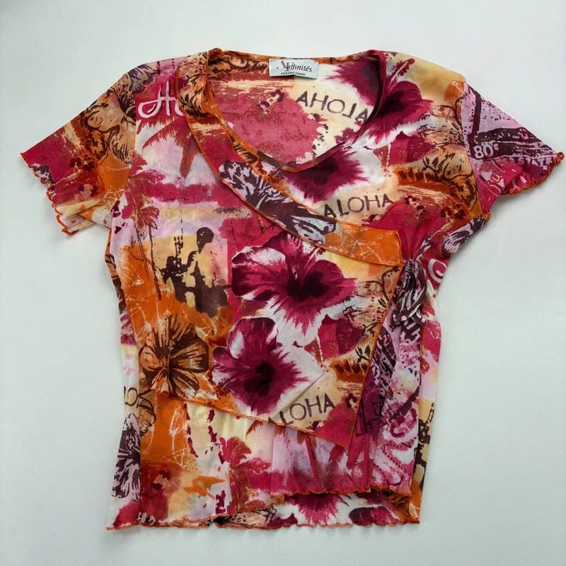 pink hawaiian floral graphic printed mesh top