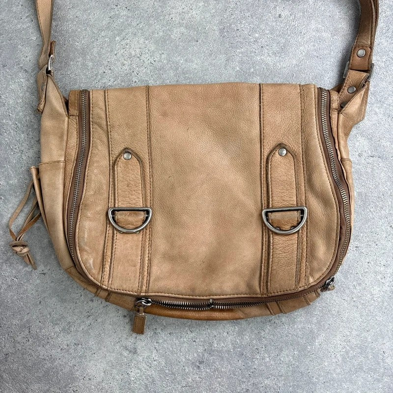 Tan distressed leather zip city crossbody D-ring bag