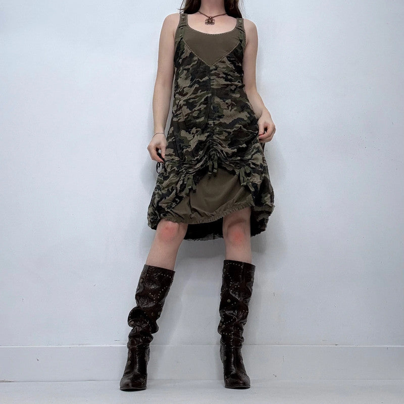 khaki graphic printed layered draped midi dress