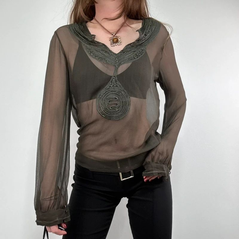 Antik Batik khaki sheer silk blouse