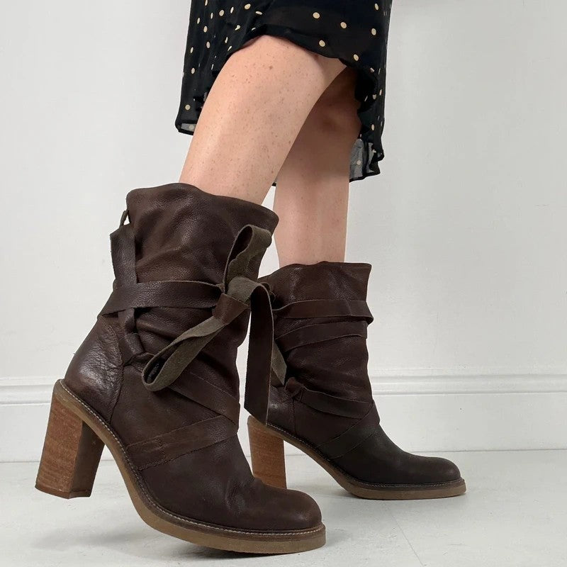 Chunky brown leather wrap around boots