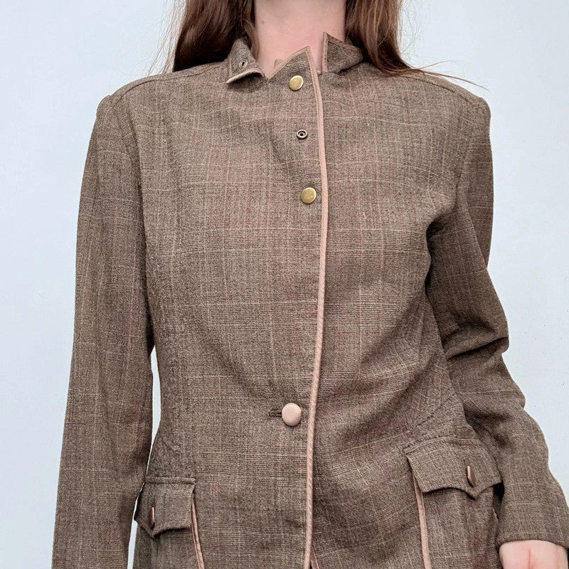 brown tweed high neck popper jacket