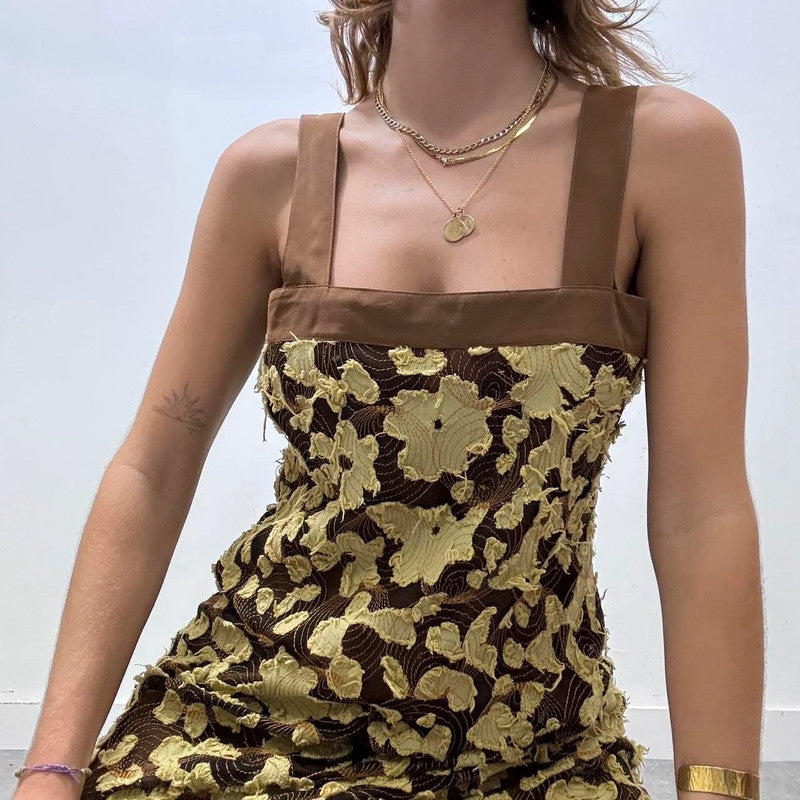 brown flower distressed frayed midi dress