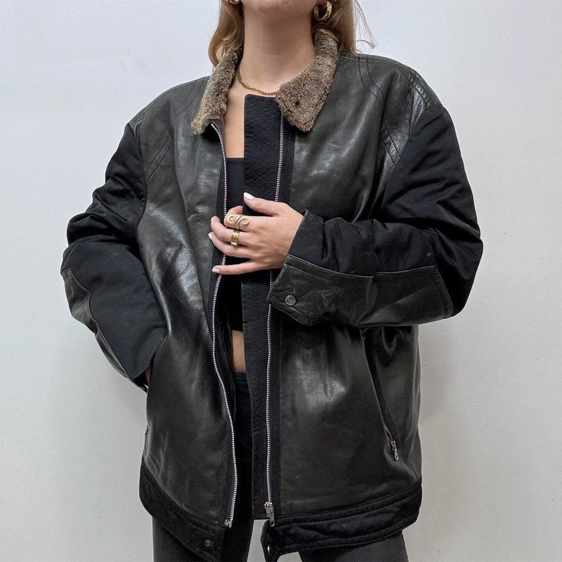 oversized black leather Aviator jacket