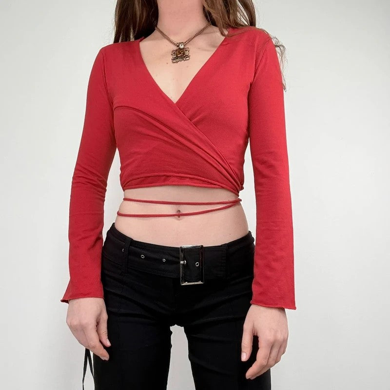 red jersey cropped ballerina wrap cardigan