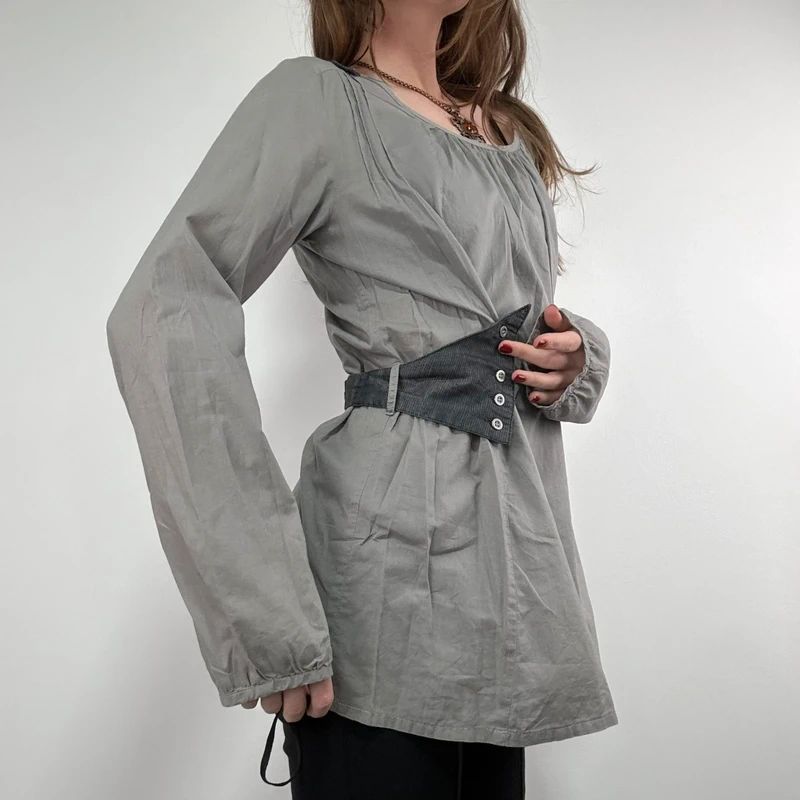 utility khaki pleated blouse with harness braces