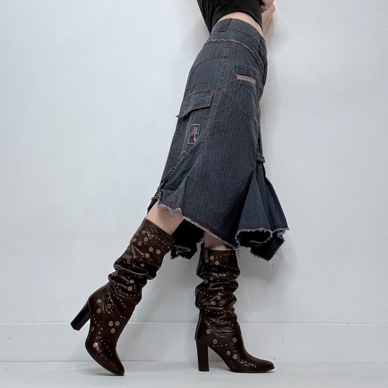 dark wash denim pinstriped structured skirt