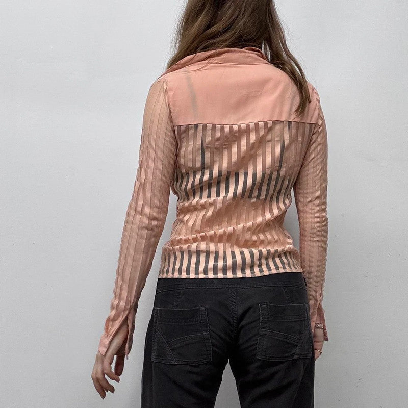 pink mesh pinstripe sheer flared shirt