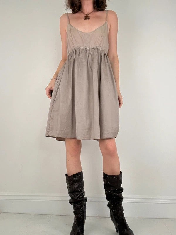 brown cotton pleated flared french midi dress