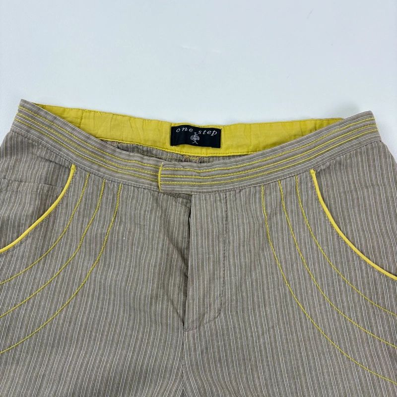 brown pinstripe pleated hem puff cotton trousers