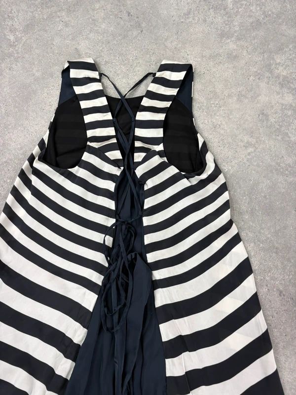 Navy and white striped asymmetric midi dress