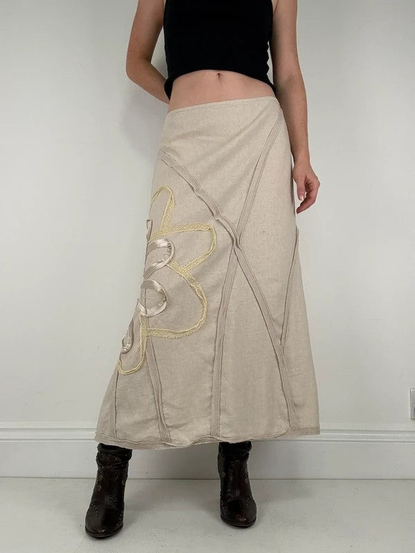 Beige linen flared flower ribbon skirt