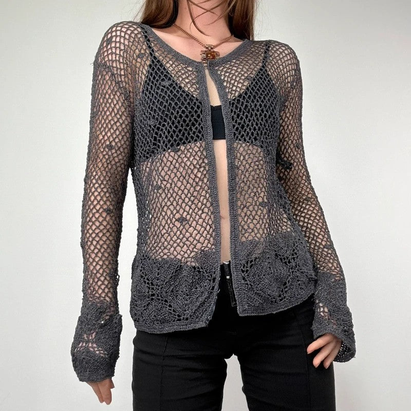 grey crochet sheer lace knit cardigan