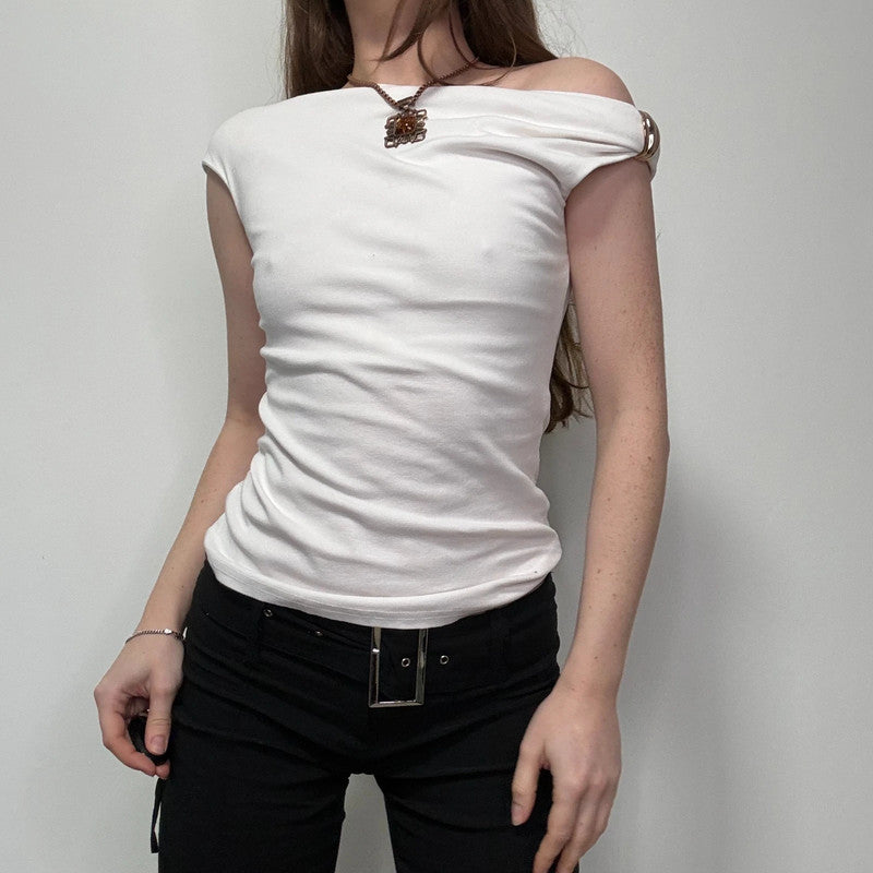 white asymmetric off the shoulder t-shirt