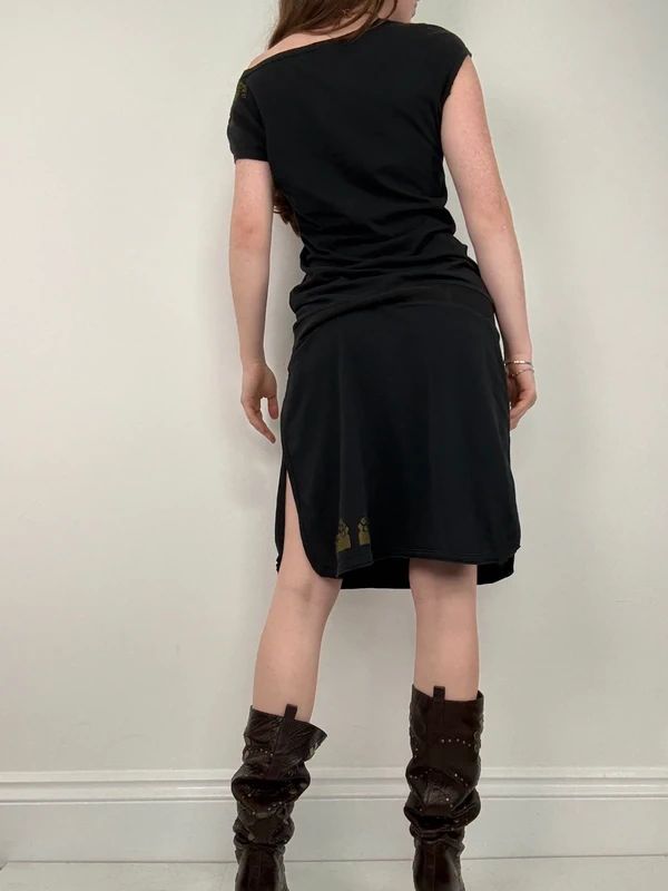 off the shoulder black slouchy drop waist dress
