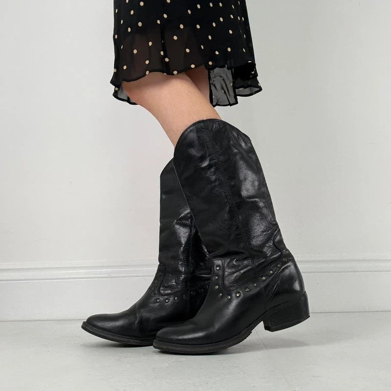 Black leather studded boots