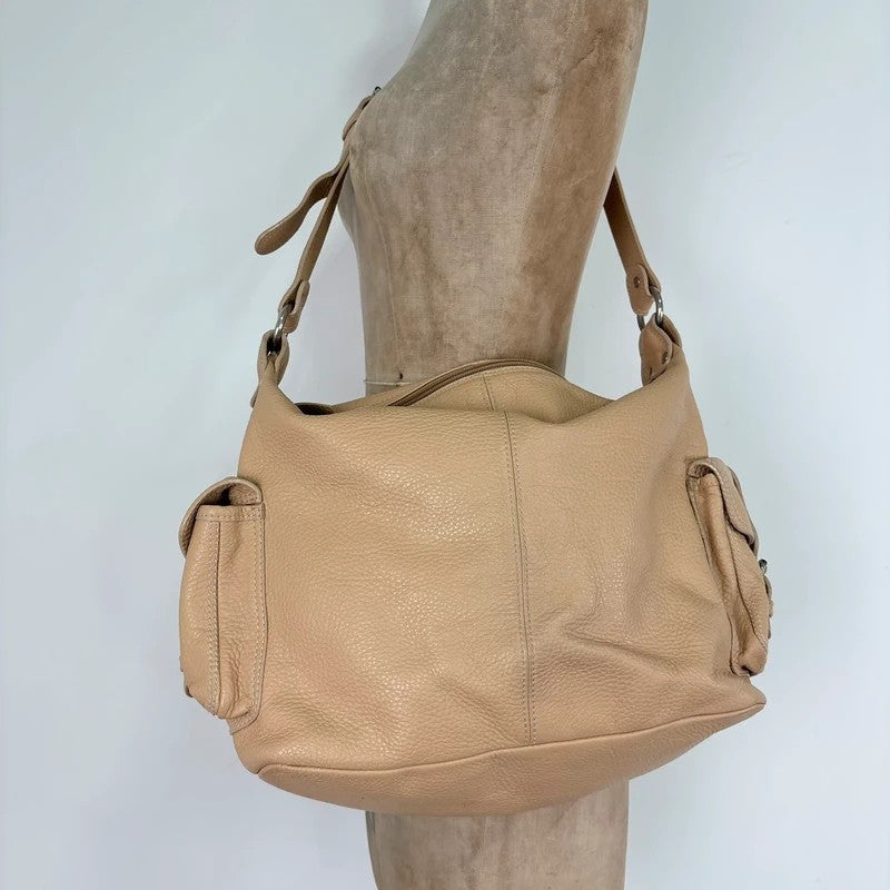 Slouchy cream leather cargo pocket satchel bag
