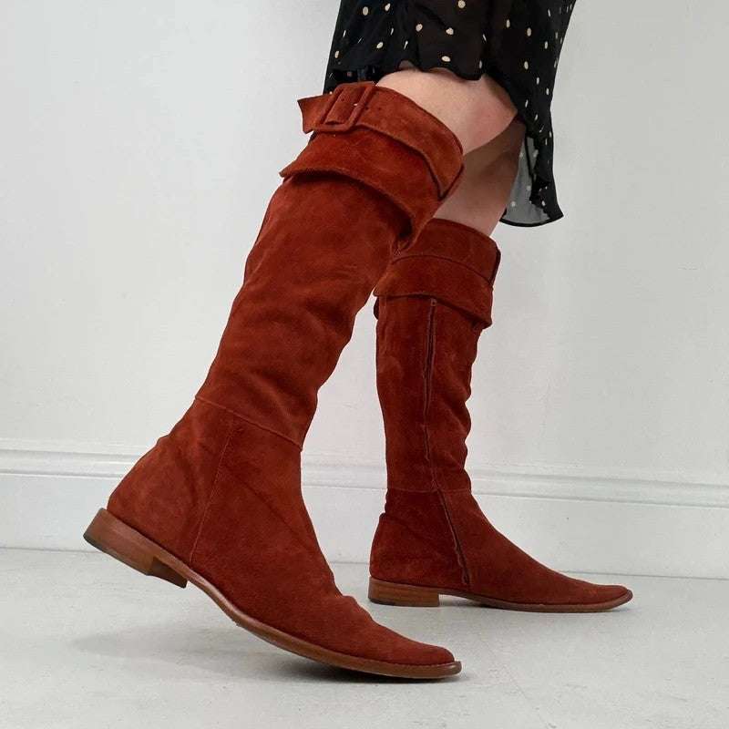 Pointed toe burnt orange suede buckle 70s boots