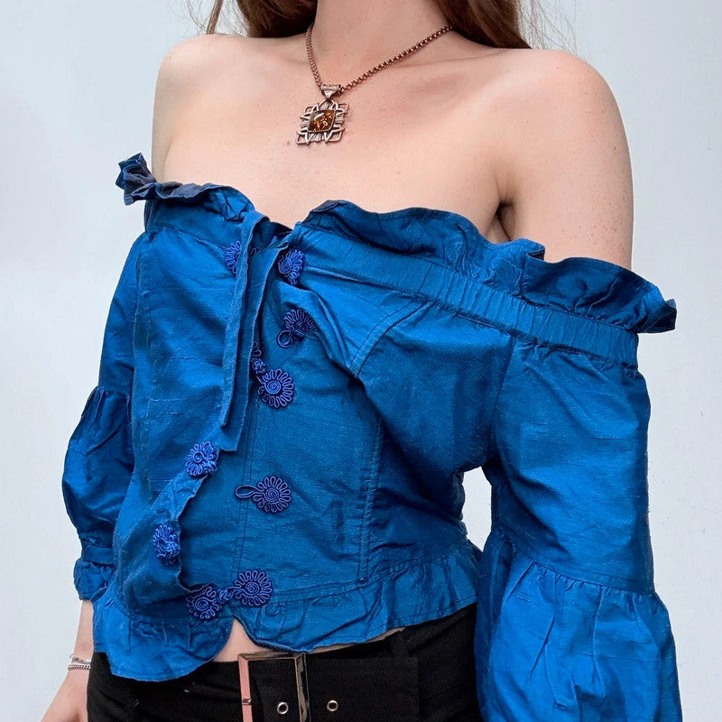 blue silk off the shoulder ruffle blouse