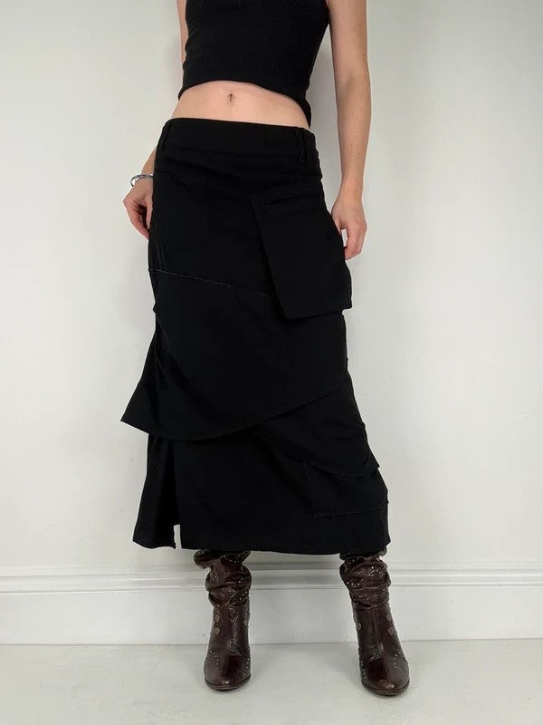 Black layered french flared asymmetric maxi skirt