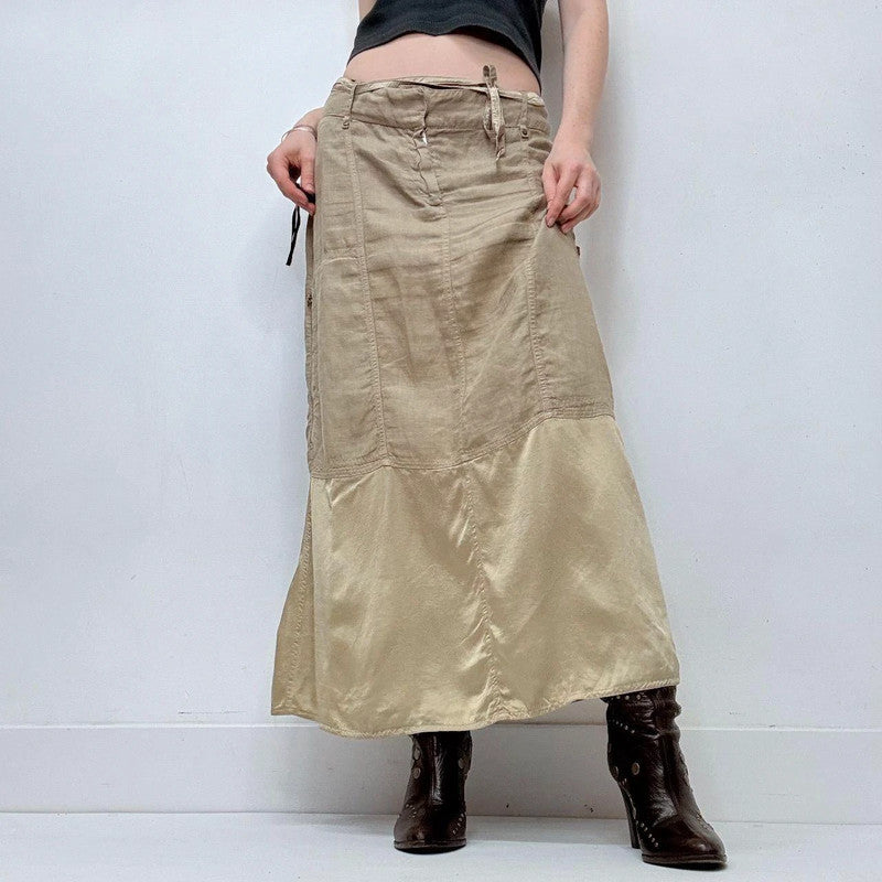 tan linen silk  a-line maxi skirt