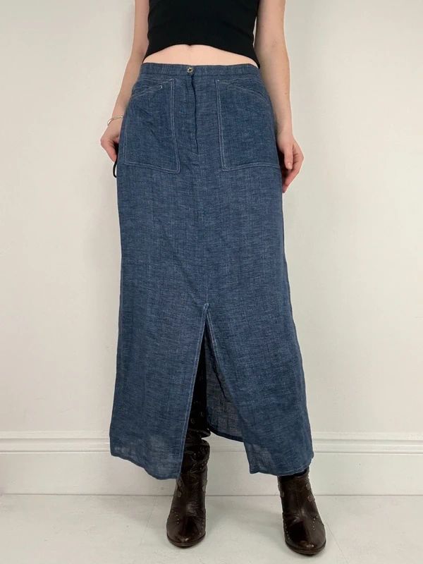 navy linen a-line maxi skirt