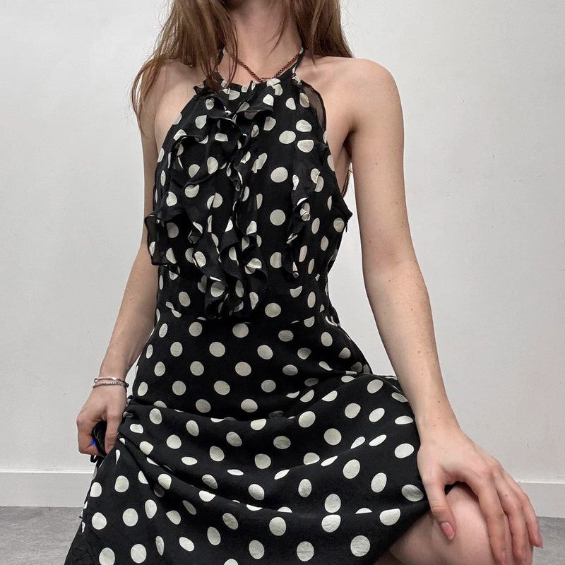 silk polka dot ruffle black and white dress