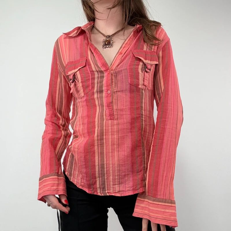 Pinstripe Sheer Flared cotton Cargo Shirt