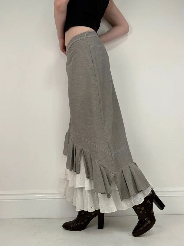 Pleated flared layered ruffle maxi skirt