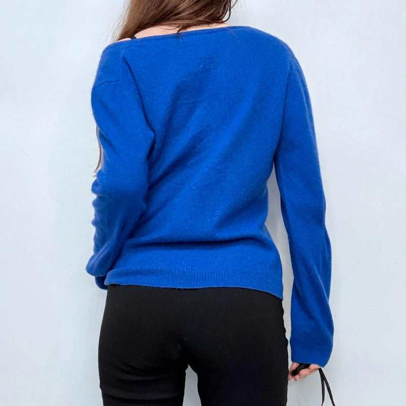 blue cashmere button up slash neck cardigan